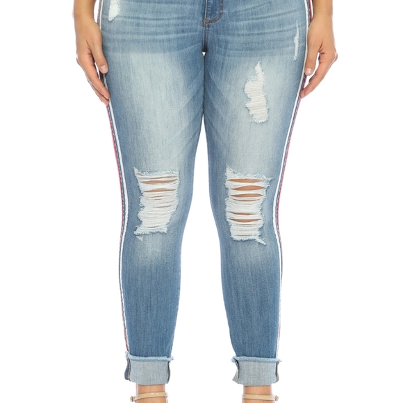 ♥️14 16 18 Plus♥️Mid Destroyed Crop Racer Stripe - Picture 6 of 8